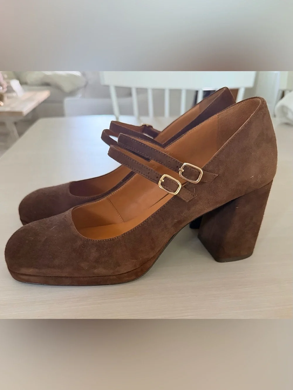 Sezane Carmen Suede Leather Mary Jane Pumps in Brown